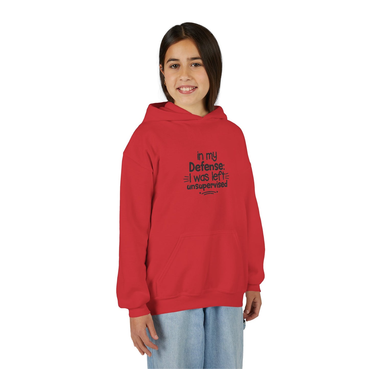 Youth Hoodie — "In My Defense: I Was Left Unsupervised" Funny Kids Sweatshirt