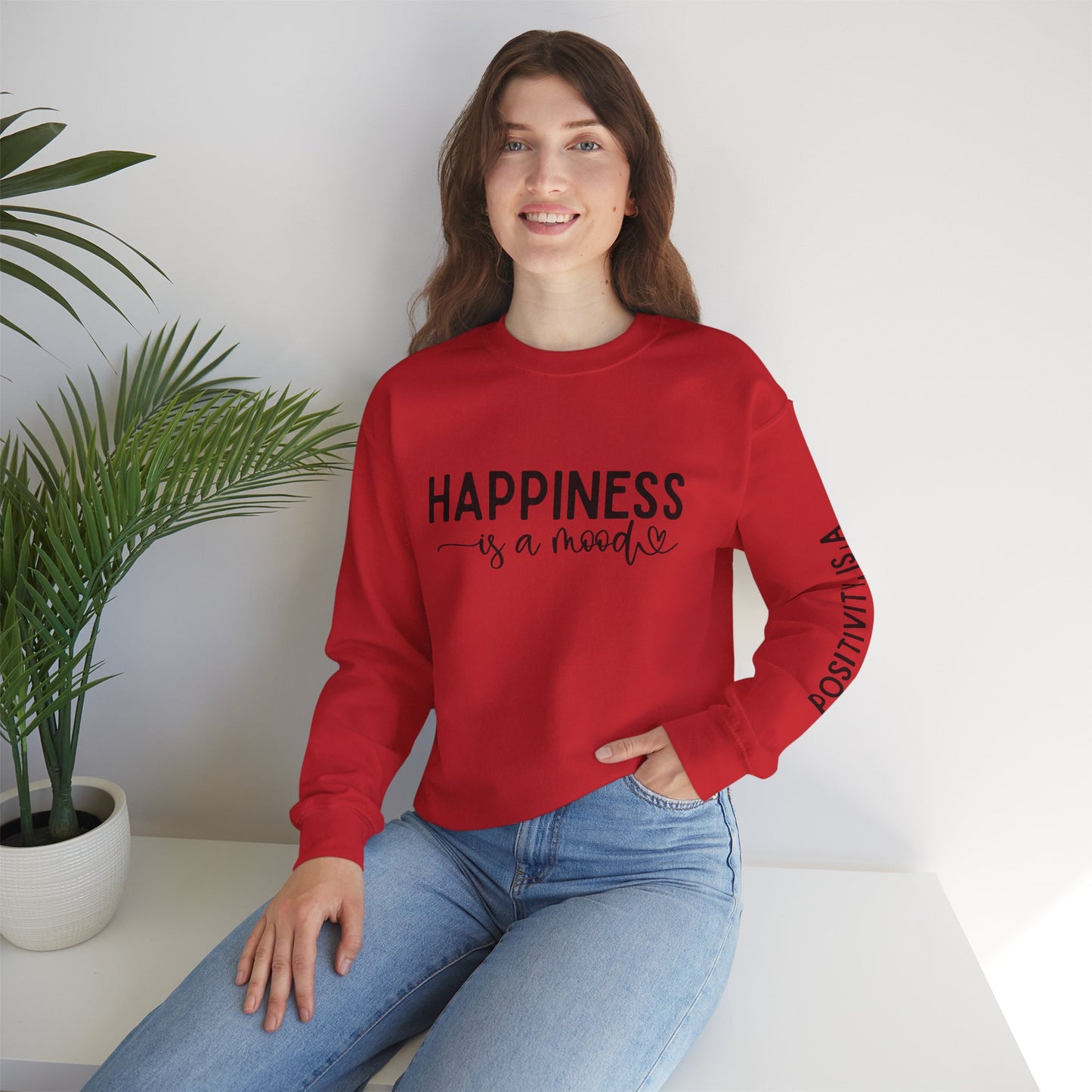 Happiness Is a Mood Crewneck Sweatshirt — Positive Vibes Sleeve