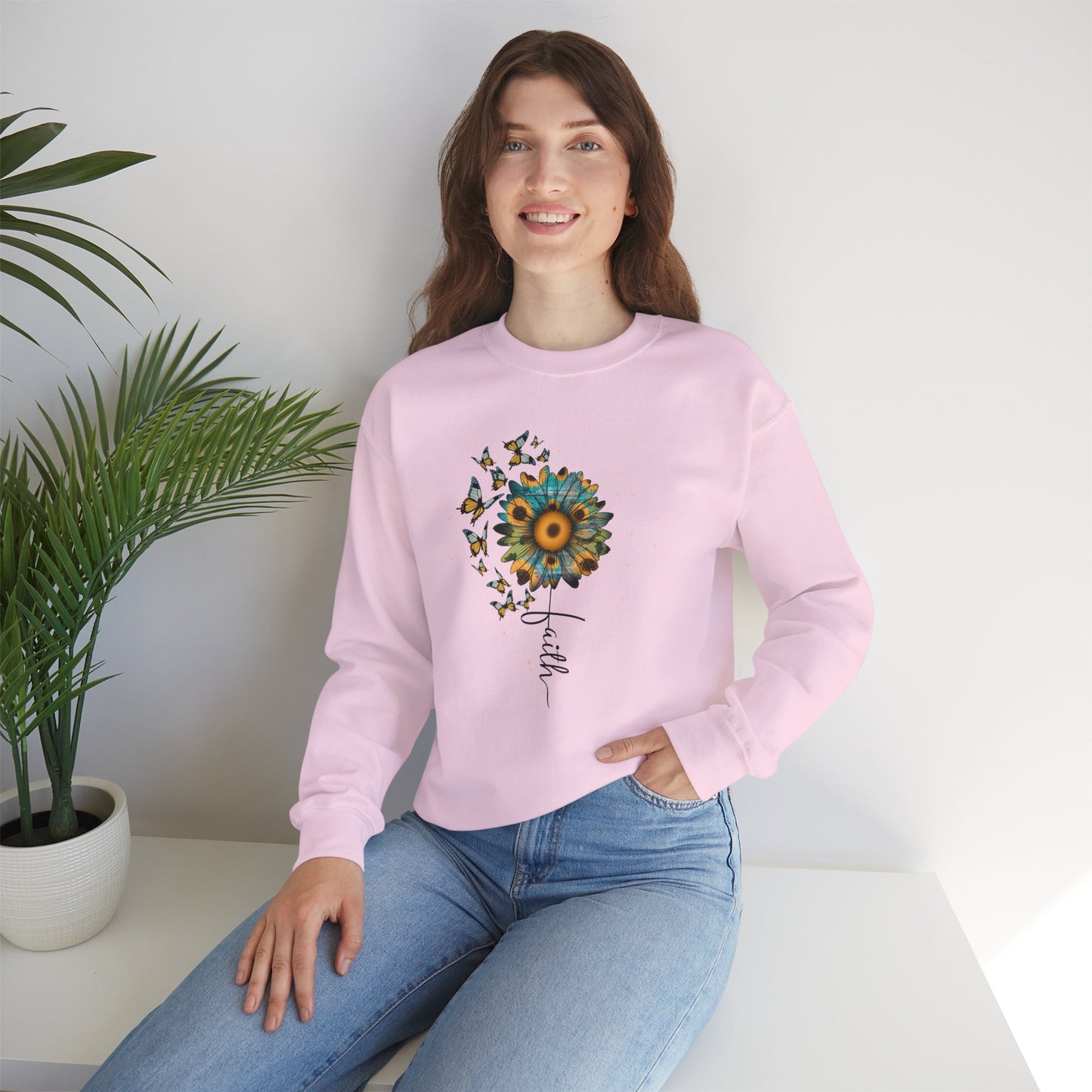 Sunflower & Butterflies Crewneck Sweatshirt – Faith Script Floral Design