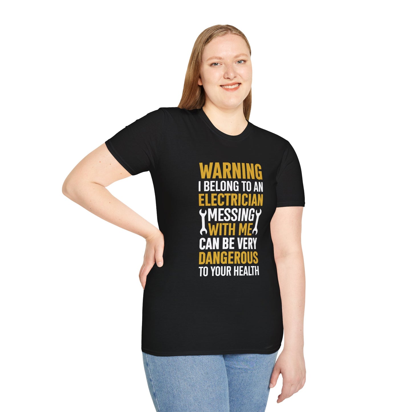 Electrician Wife Warning T-Shirt — "Warning Electrician With Me Dangerous" Crew Tee