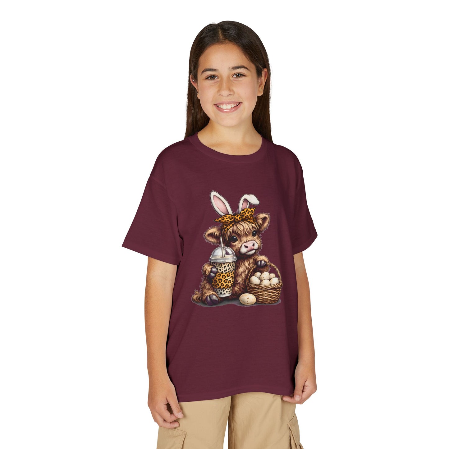 Kids Easter Cow Tee — Cute Highland Cow with Bunny Ears, Basket of Eggs & Bubble Tea Graphic