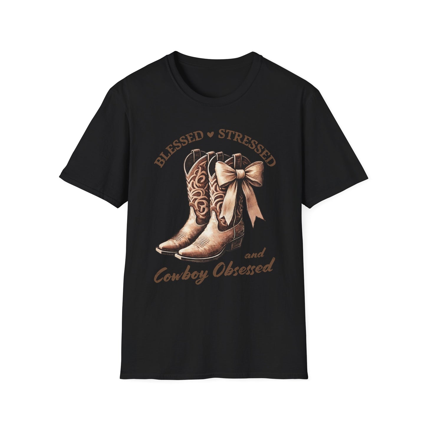 Blessed Stressed and Cowboy Obsessed T-Shirt — Western Cowboy Boots Graphic Tee
