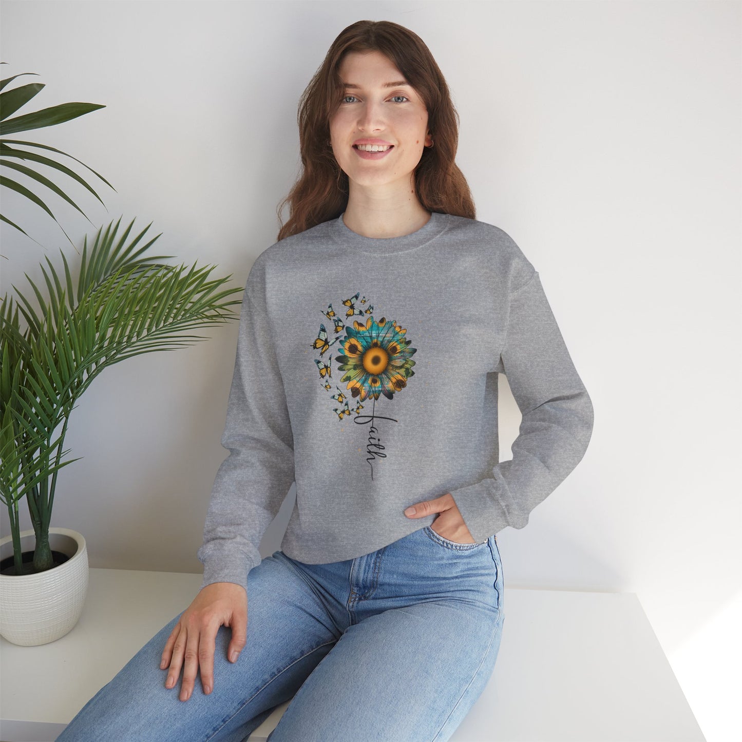 Sunflower & Butterflies Crewneck Sweatshirt – Faith Script Floral Design