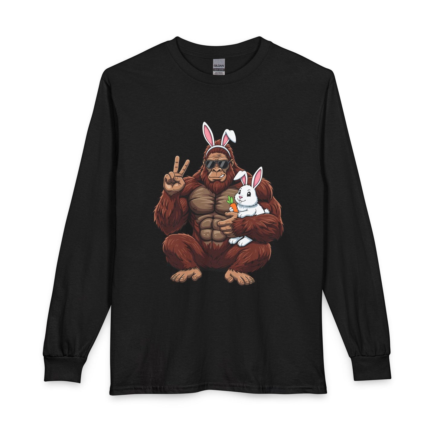Bigfoot Easter Tee — Sasquatch Holding Bunny Peace Sign Long Sleeve Shirt