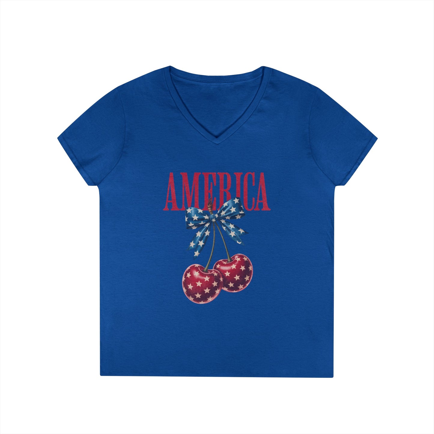 America Cherry V-Neck T-Shirt — Patriotic Women's Summer Tee