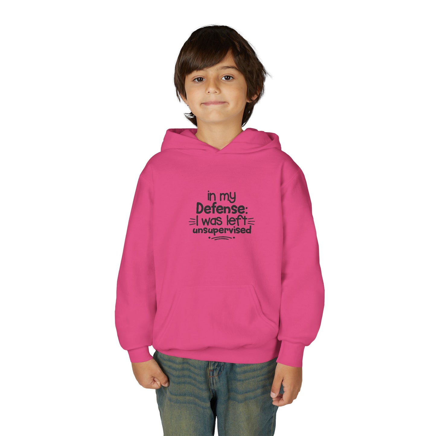 Youth Hoodie — "In My Defense: I Was Left Unsupervised" Funny Kids Sweatshirt