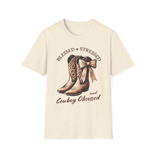 Blessed Stressed and Cowboy Obsessed T-Shirt — Western Cowboy Boots Graphic Tee