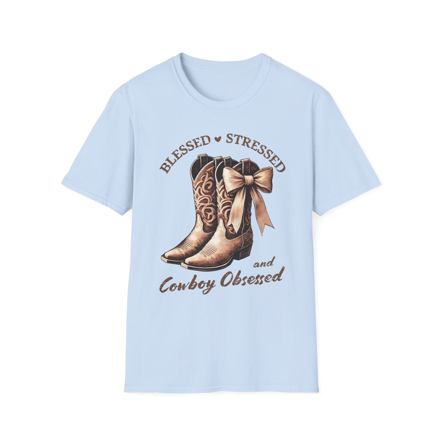 Blessed Stressed and Cowboy Obsessed T-Shirt — Western Cowboy Boots Graphic Tee