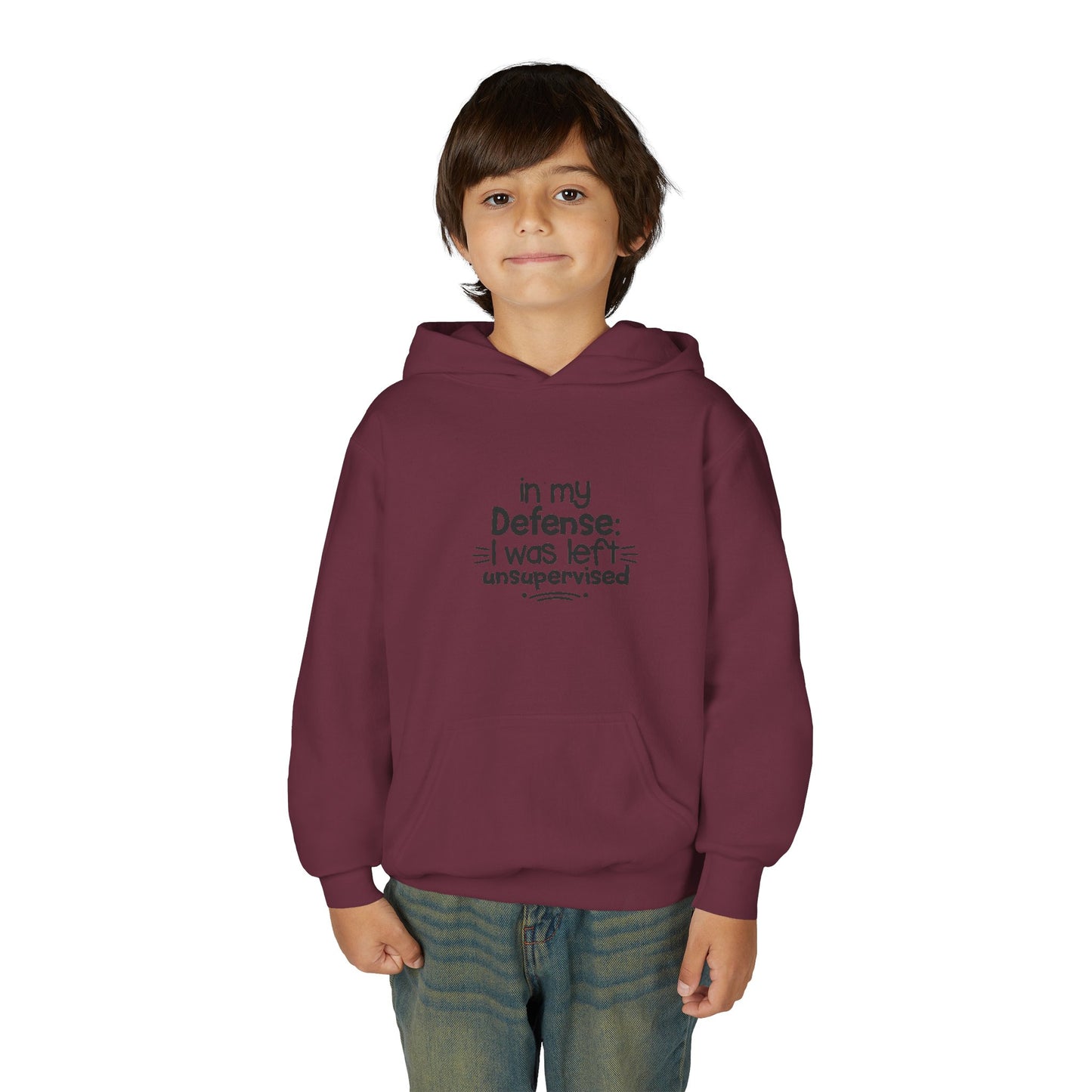 Youth Hoodie — "In My Defense: I Was Left Unsupervised" Funny Kids Sweatshirt