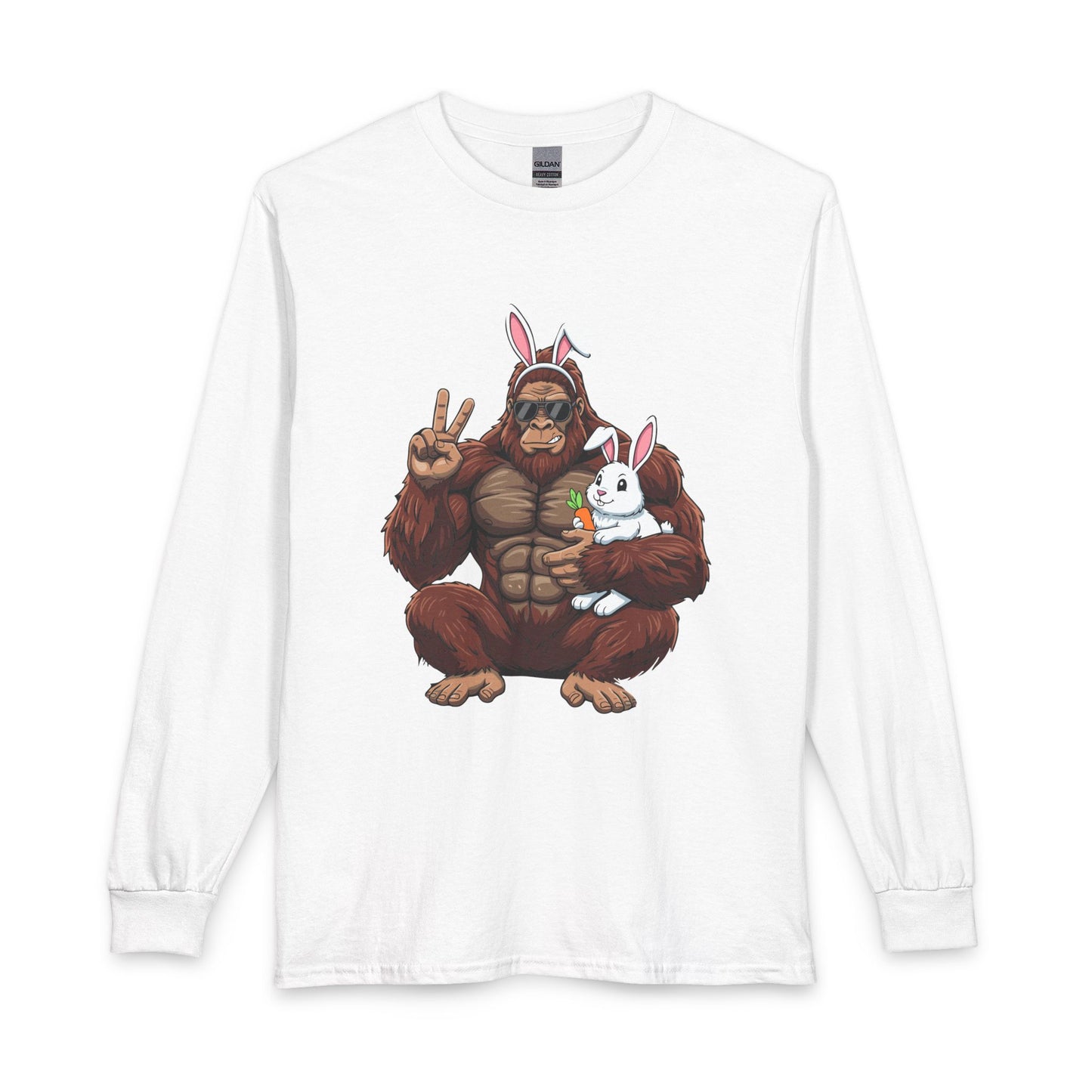 Bigfoot Easter Tee — Sasquatch Holding Bunny Peace Sign Long Sleeve Shirt