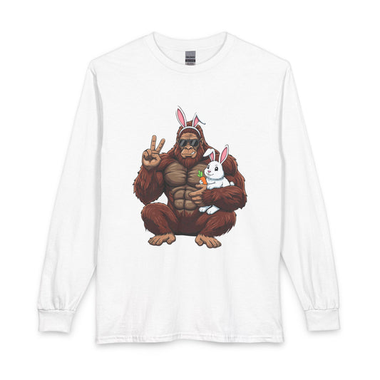 Bigfoot Easter Tee — Sasquatch Holding Bunny Peace Sign Long Sleeve Shirt