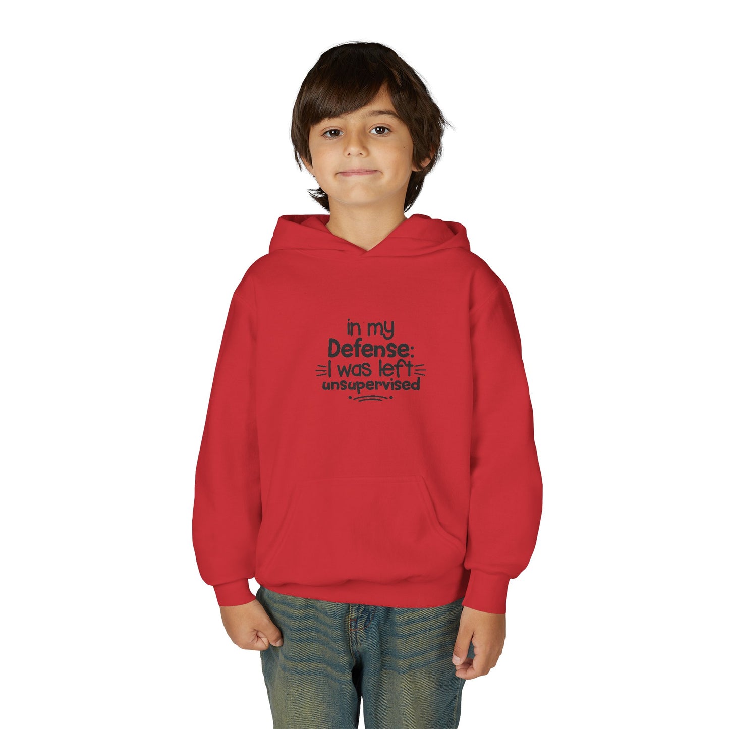 Youth Hoodie — "In My Defense: I Was Left Unsupervised" Funny Kids Sweatshirt