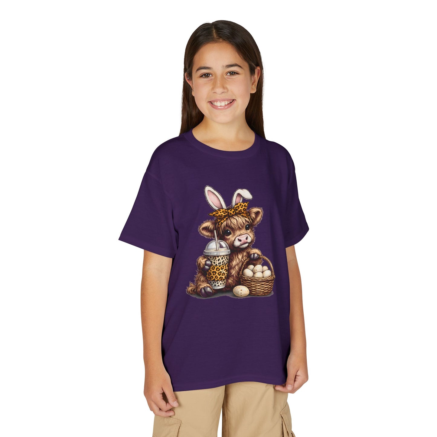 Kids Easter Cow Tee — Cute Highland Cow with Bunny Ears, Basket of Eggs & Bubble Tea Graphic