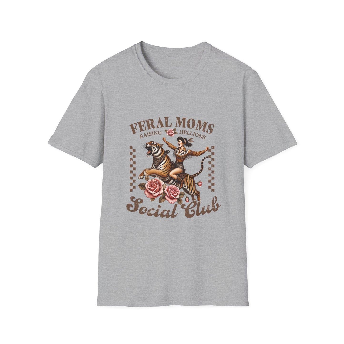 Feral Moms Social Club T-Shirt — 'Raising Hellions' Vintage Cat & Rose Graphic Tee