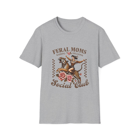 Feral Moms Social Club T-Shirt — 'Raising Hellions' Vintage Cat & Rose Graphic Tee