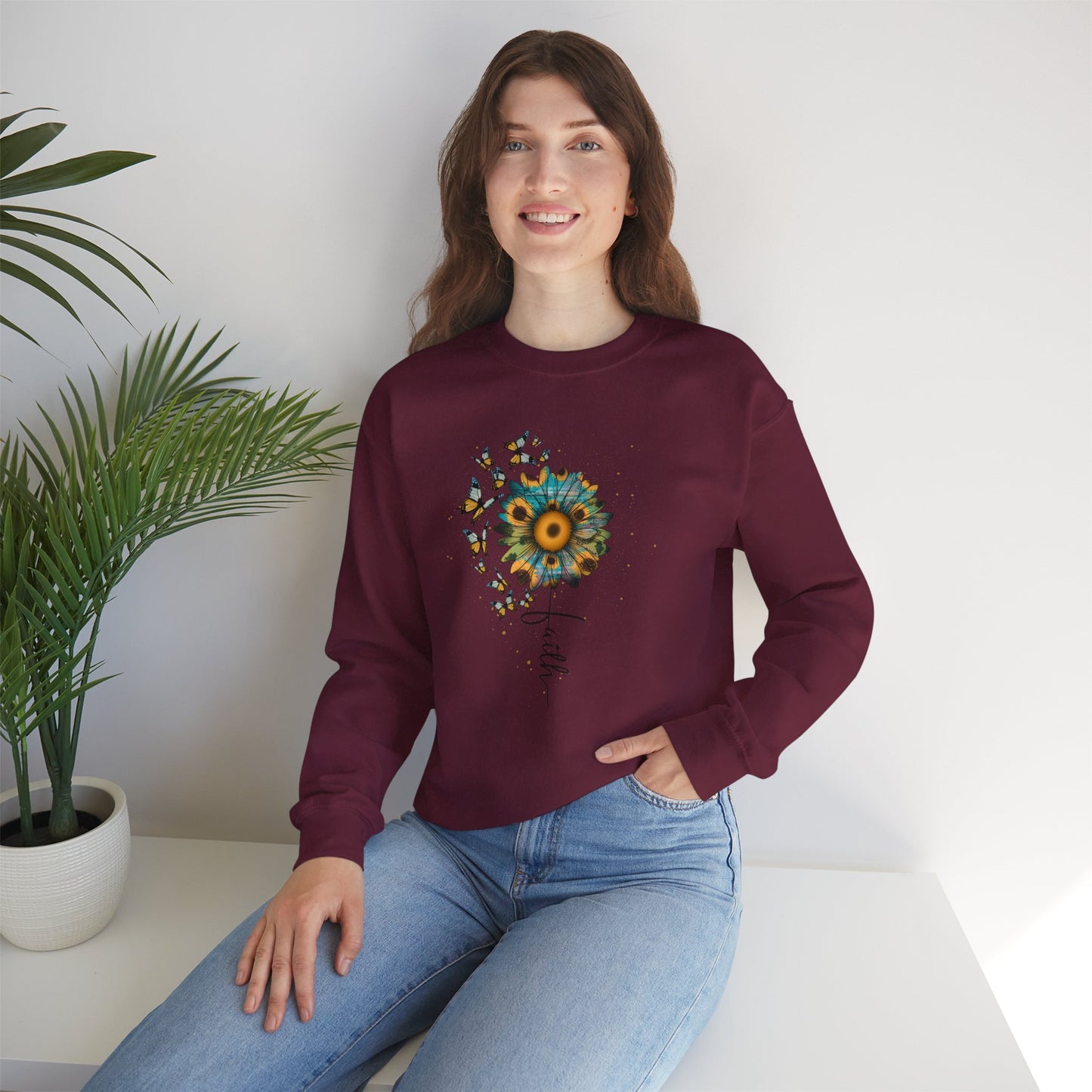 Sunflower & Butterflies Crewneck Sweatshirt – Faith Script Floral Design