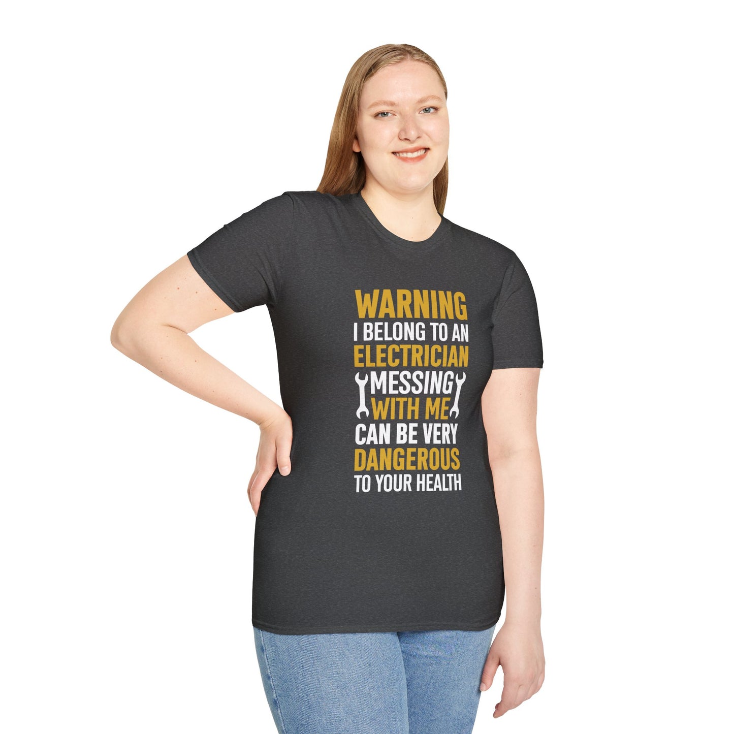 Electrician Wife Warning T-Shirt — "Warning Electrician With Me Dangerous" Crew Tee