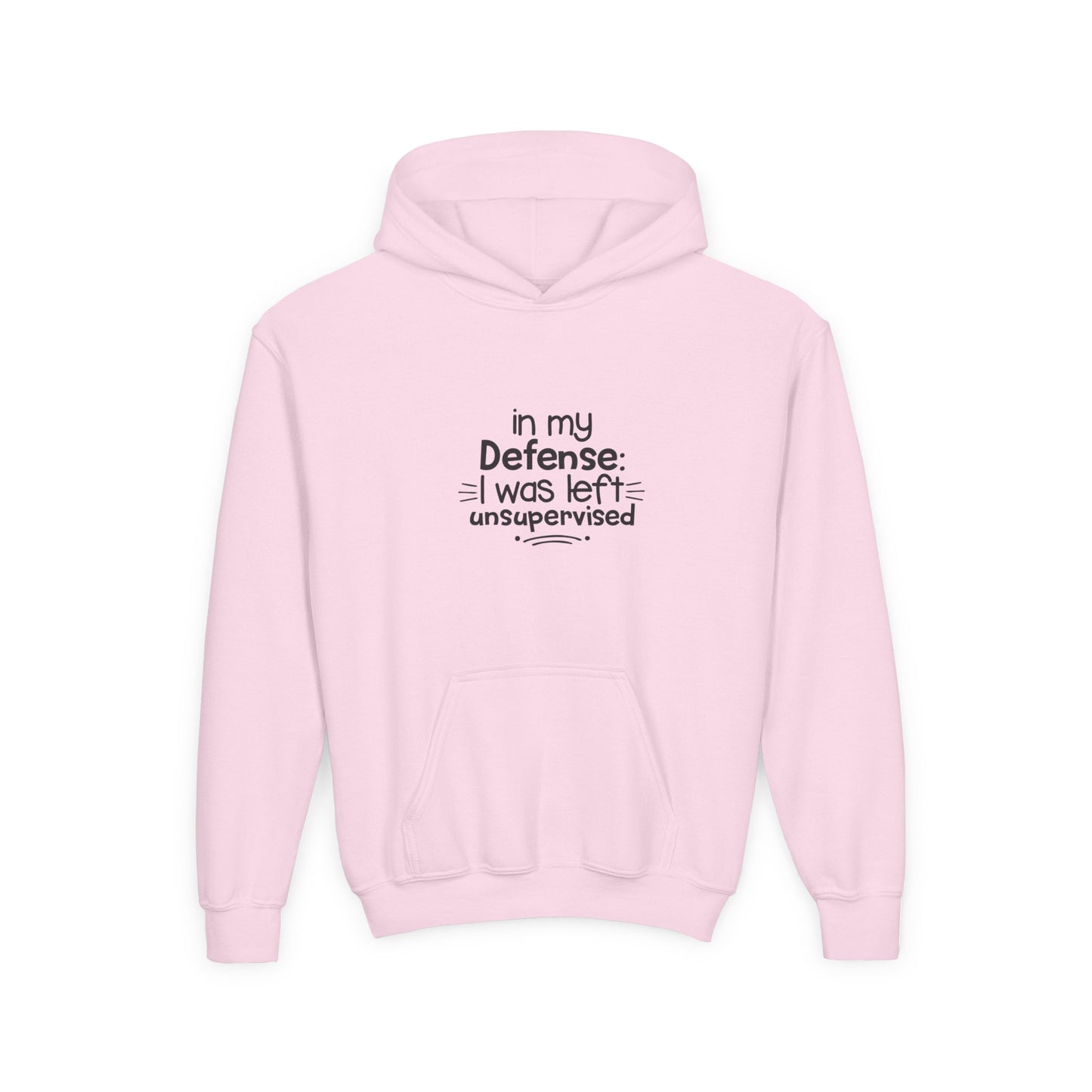 Youth Hoodie — "In My Defense: I Was Left Unsupervised" Funny Kids Sweatshirt
