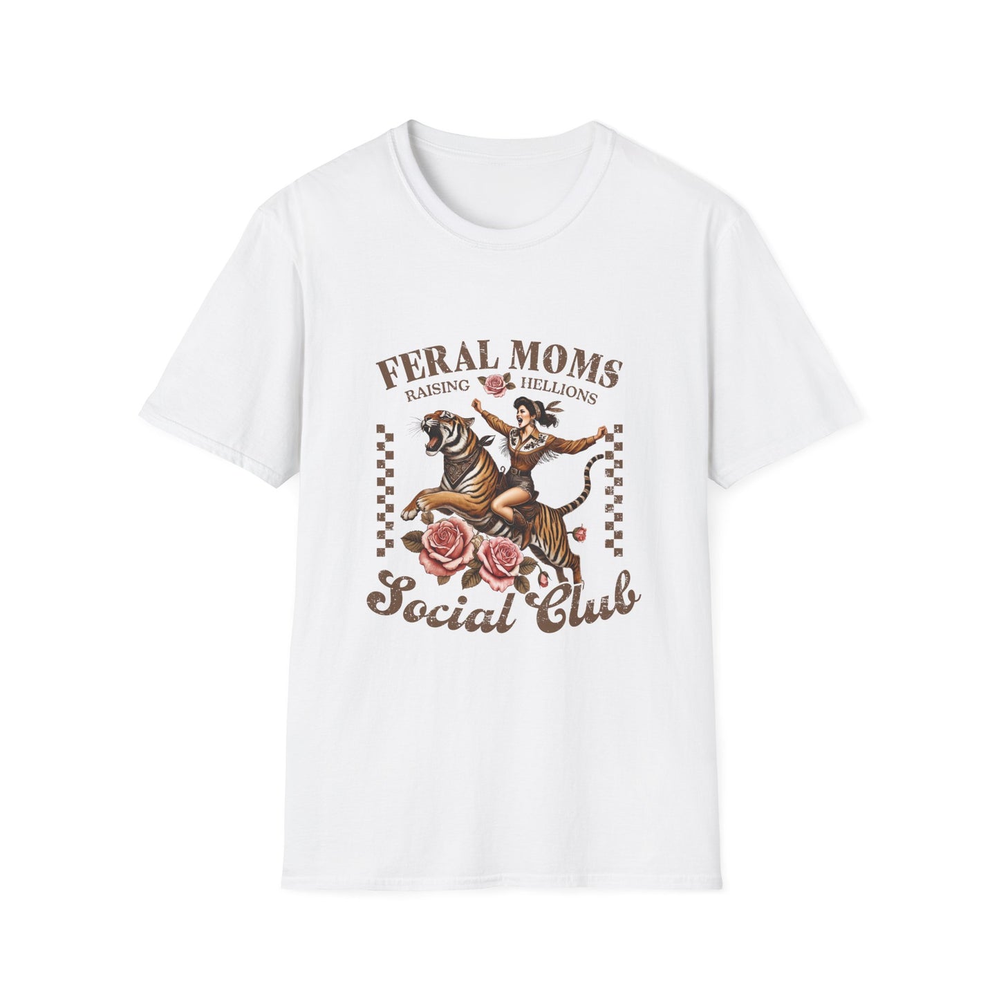 Feral Moms Social Club T-Shirt — 'Raising Hellions' Vintage Cat & Rose Graphic Tee