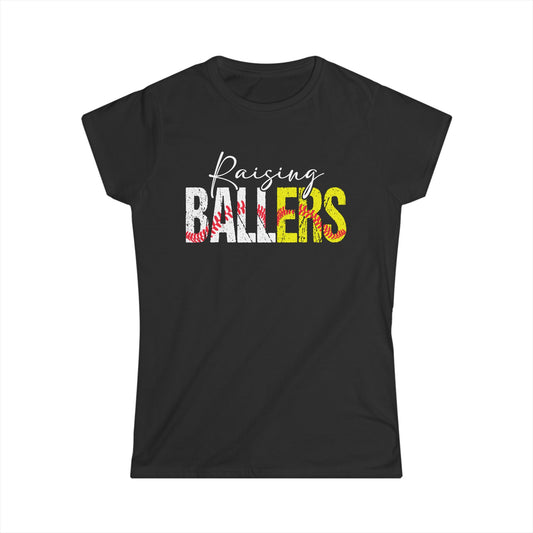 Women's Tee — "Raising Ballers" Basketball Mom Graphic Shirt