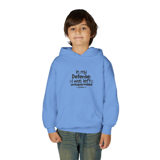 Youth Hoodie — "In My Defense: I Was Left Unsupervised" Funny Kids Sweatshirt
