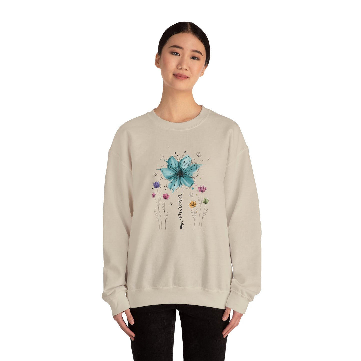 Floral 'Mama' Crewneck Sweatshirt — Watercolor Blue Flower Mother's Day Gift