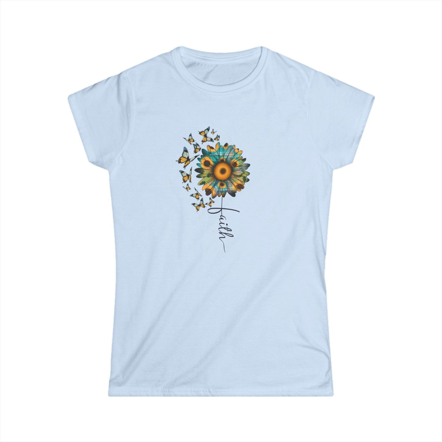 Sunflower & Butterflies Women's Tee — 'Faith' Floral Graphic