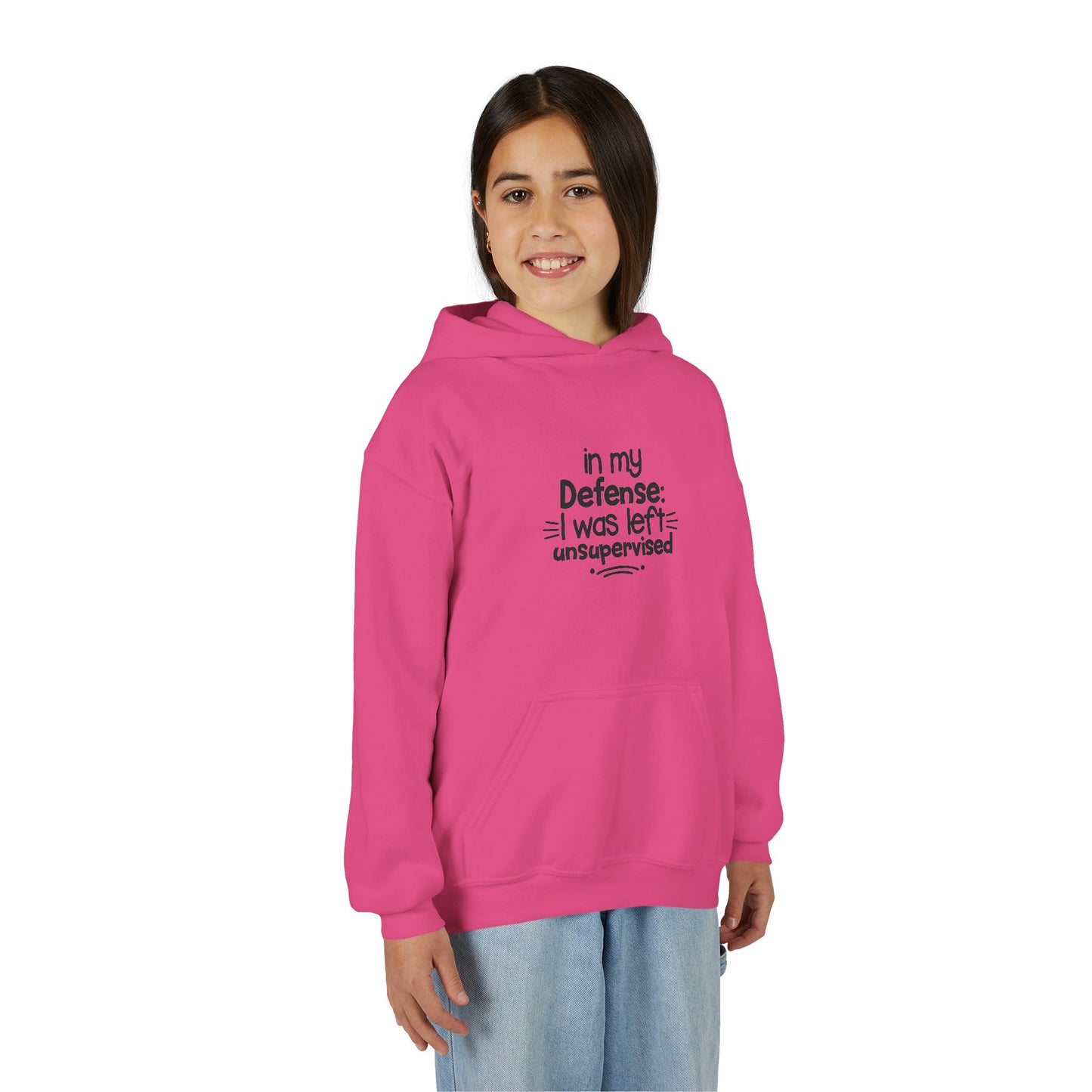 Youth Hoodie — "In My Defense: I Was Left Unsupervised" Funny Kids Sweatshirt
