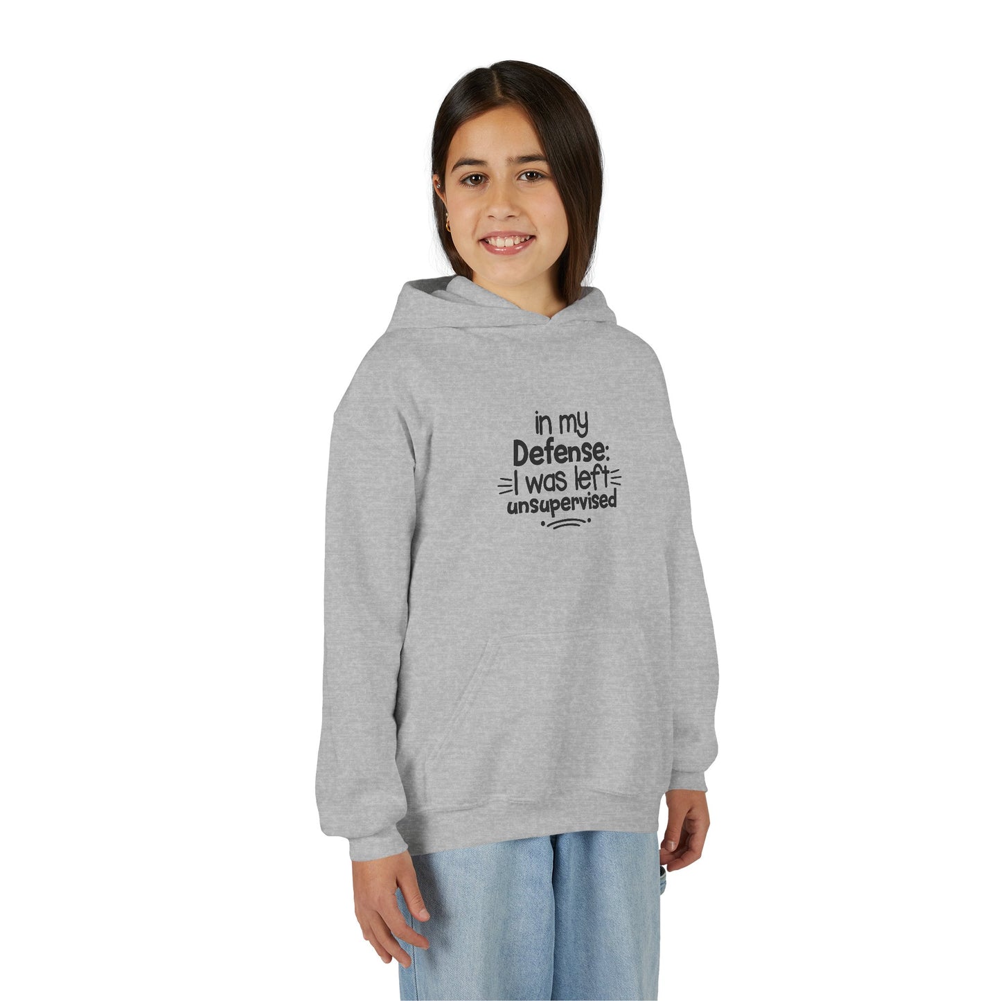Youth Hoodie — "In My Defense: I Was Left Unsupervised" Funny Kids Sweatshirt