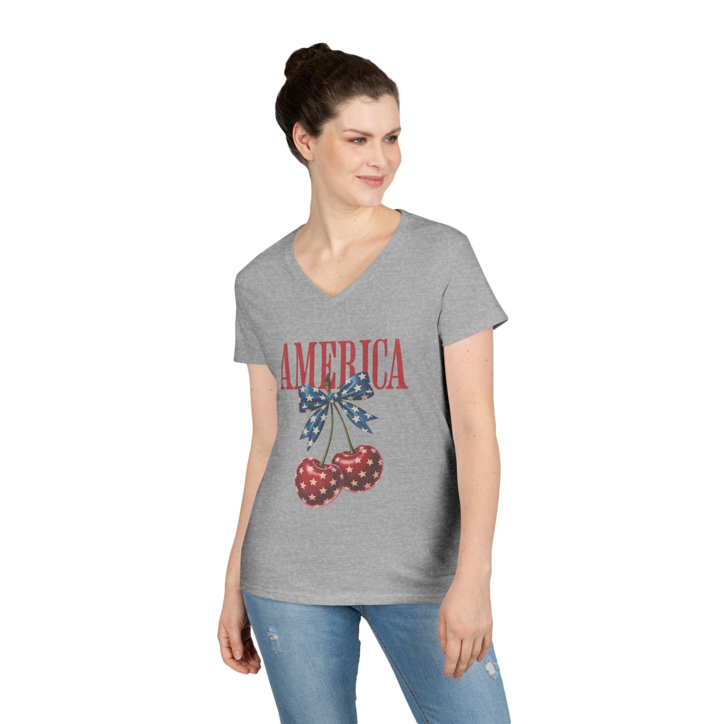 America Cherry V-Neck T-Shirt — Patriotic Women's Summer Tee
