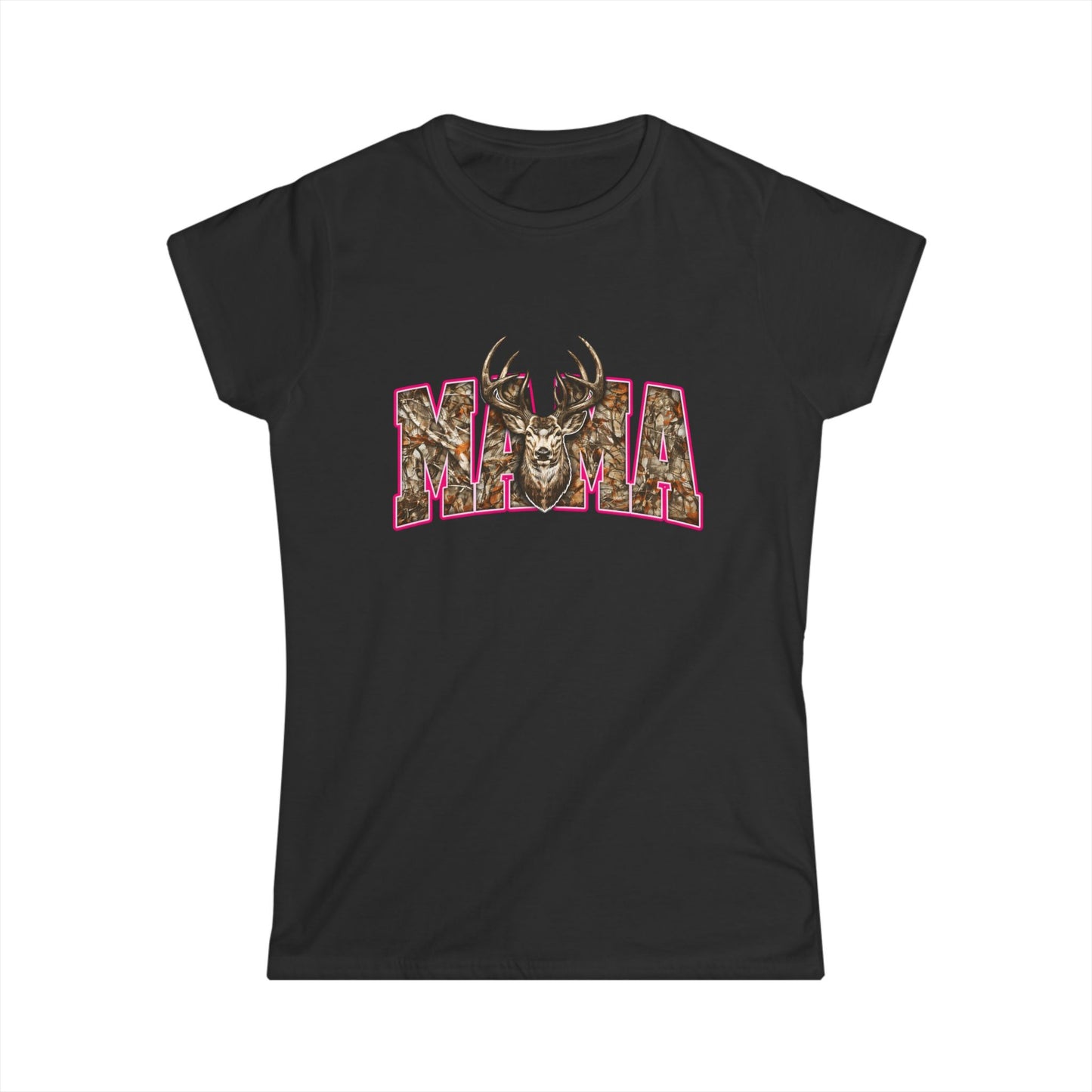 Mama Deer T‑Shirt — Camo Floral 'MAMA' with Buck Graphic