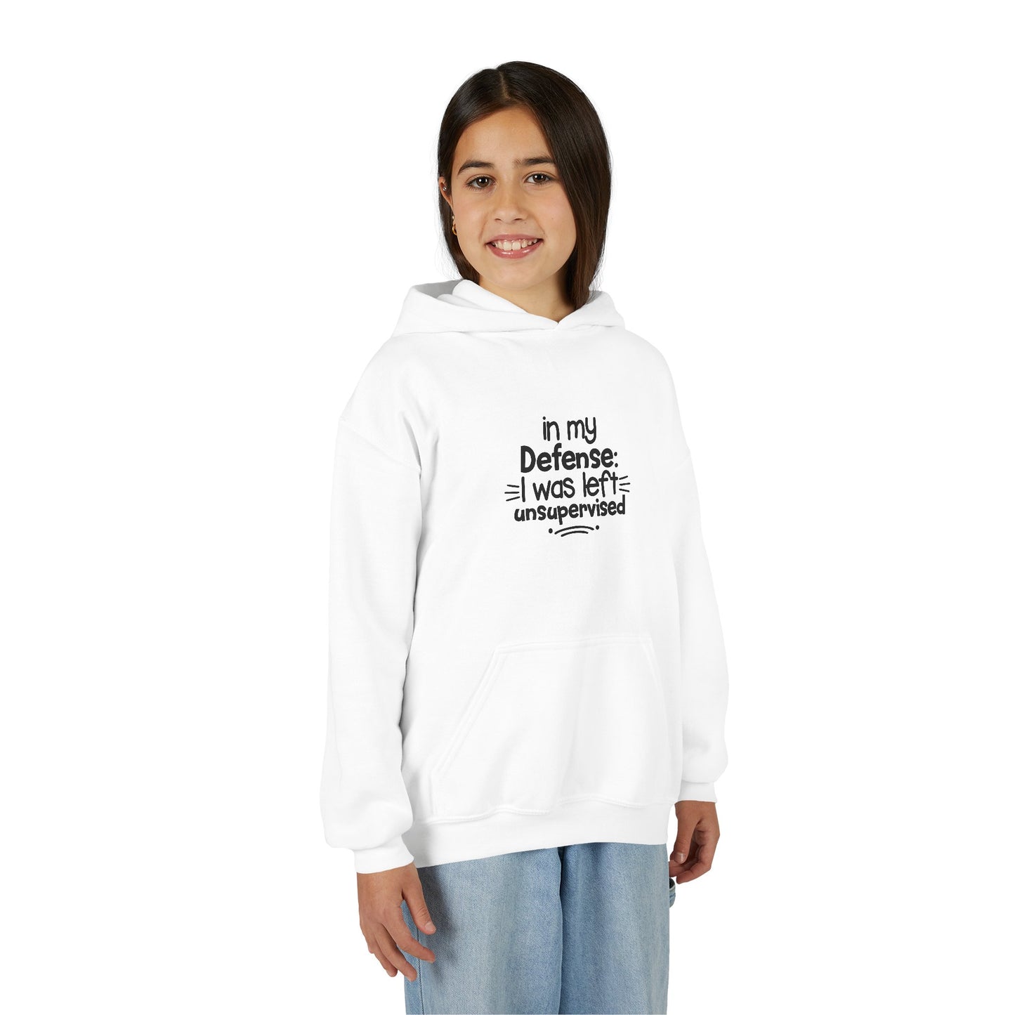 Youth Hoodie — "In My Defense: I Was Left Unsupervised" Funny Kids Sweatshirt