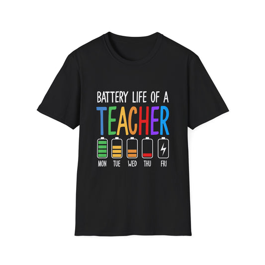 Battery Life of a Teacher T-Shirt — Funny Teacher Gift, Weekday Battery Graphic Tee