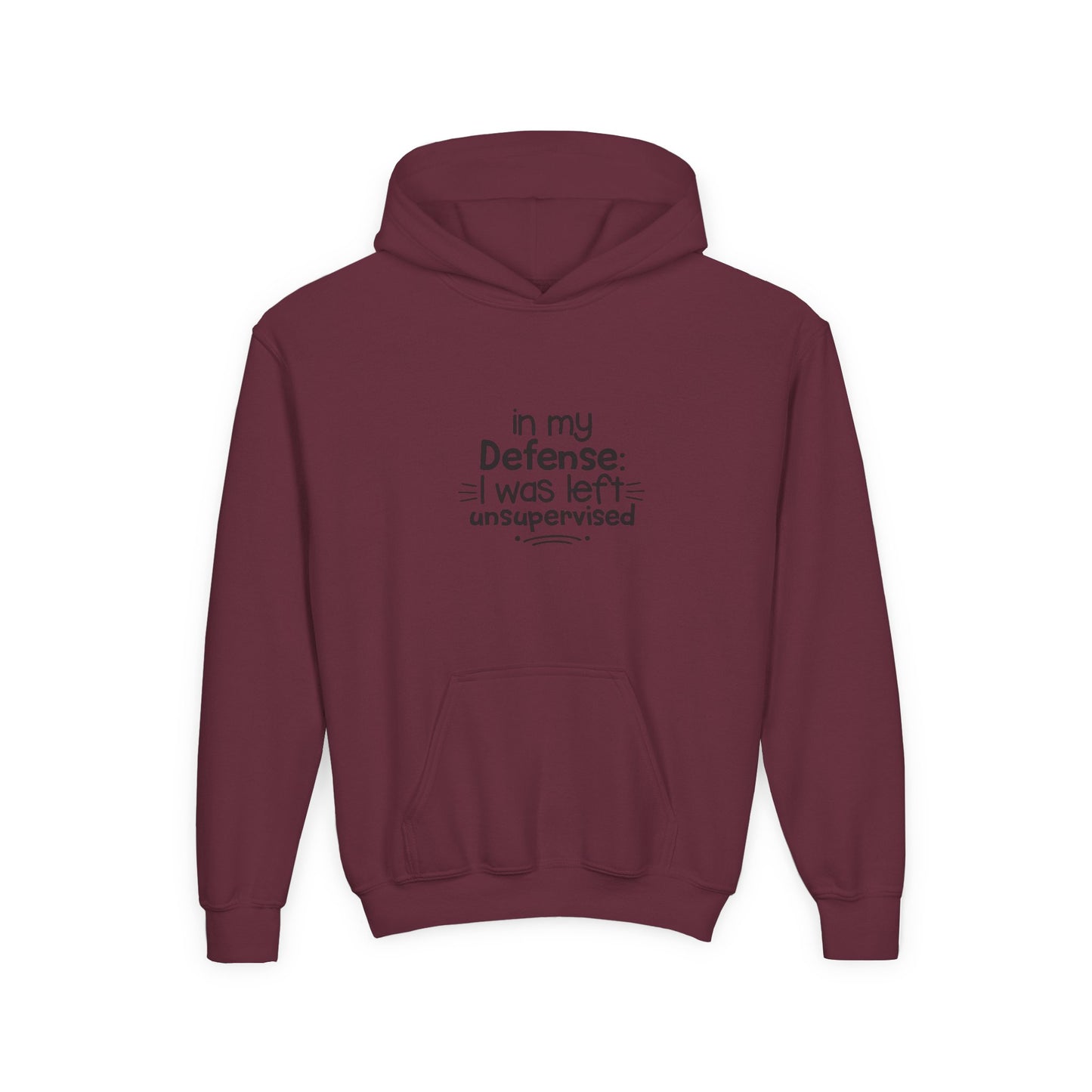 Youth Hoodie — "In My Defense: I Was Left Unsupervised" Funny Kids Sweatshirt
