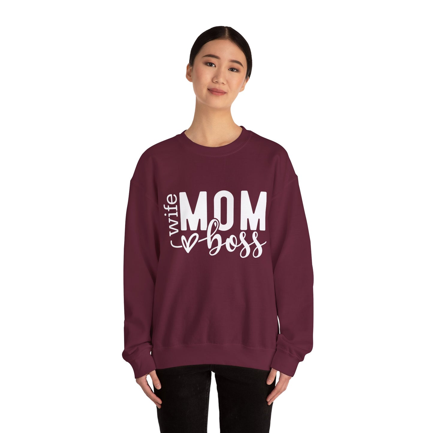 Mom Boss Crewneck Sweatshirt — "Wife Mom Boss" Cozy Graphic Pullover for Moms | Mother's Day Gift