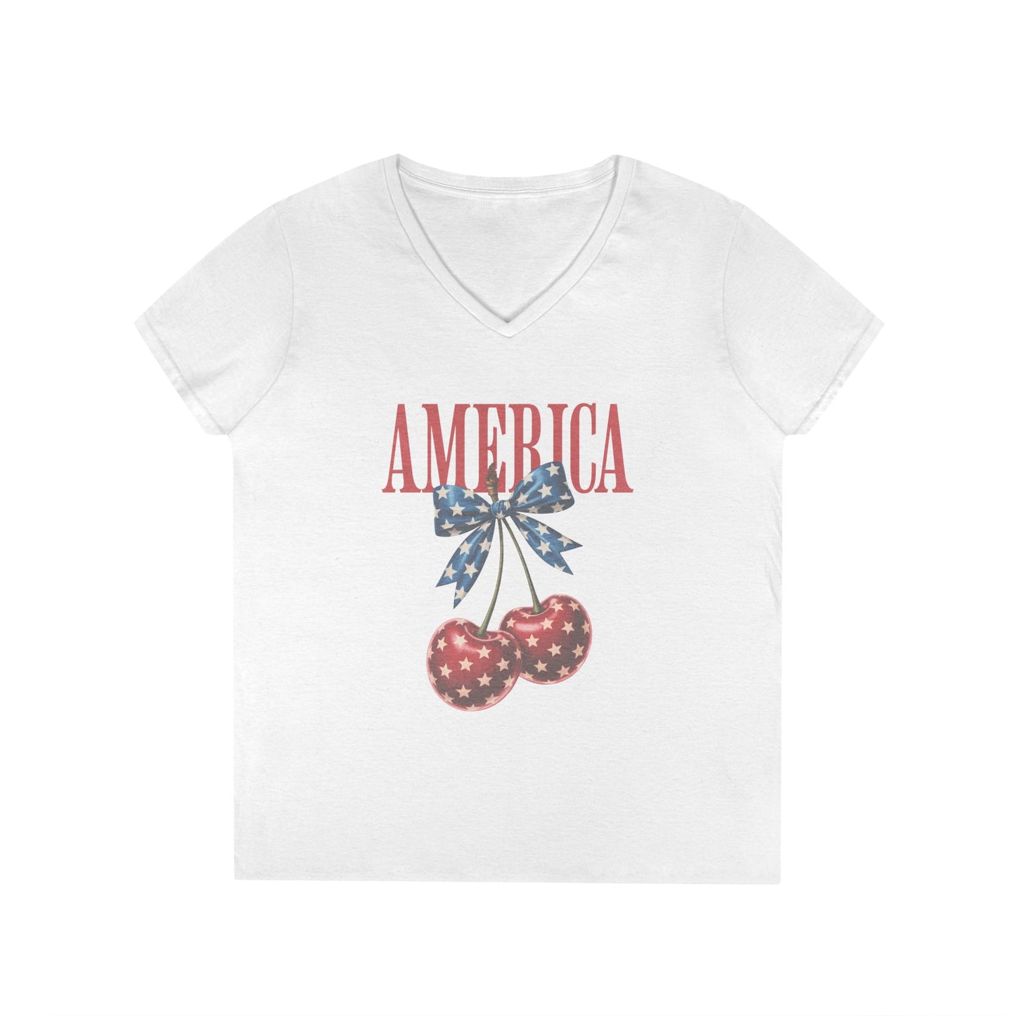 America Cherry V-Neck T-Shirt — Patriotic Women's Summer Tee