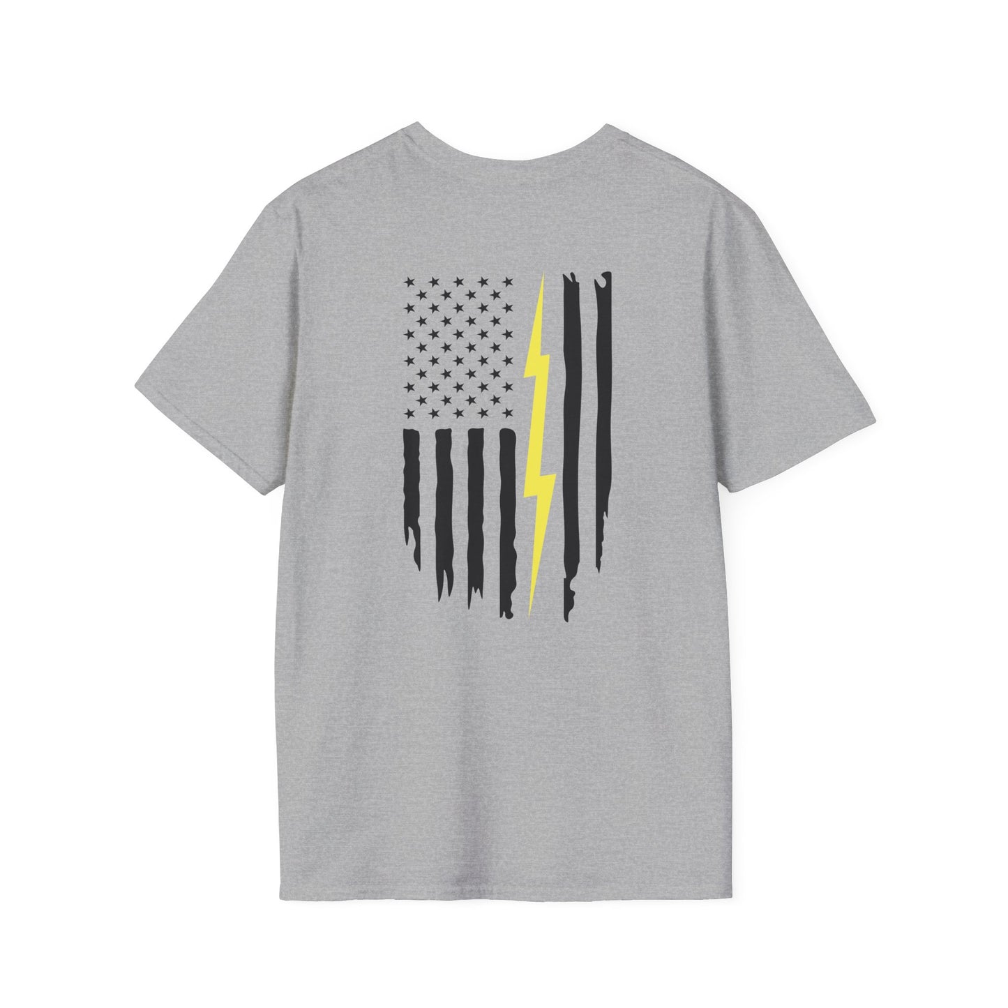 T-Shirt — Distressed American Flag with Yellow Lightning Graphic