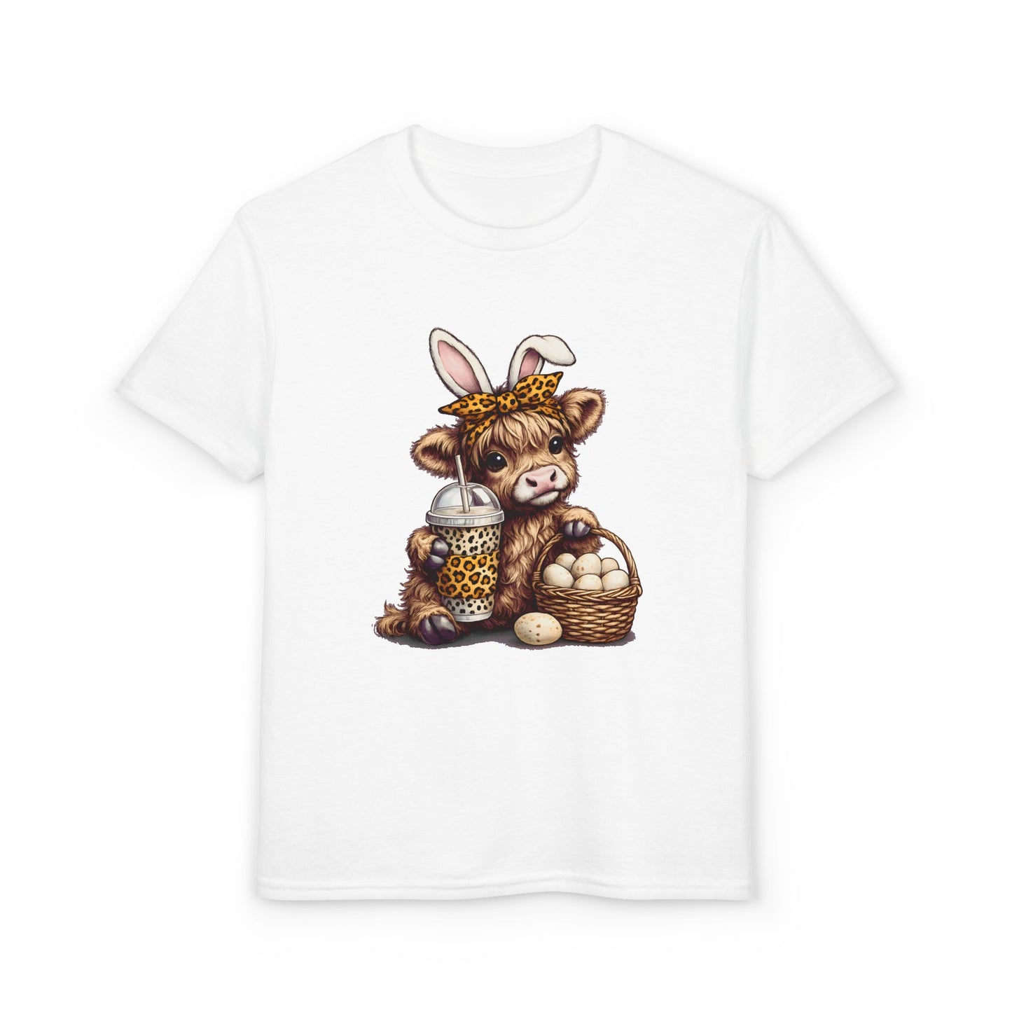 Kids Easter Cow Tee — Cute Highland Cow with Bunny Ears, Basket of Eggs & Bubble Tea Graphic