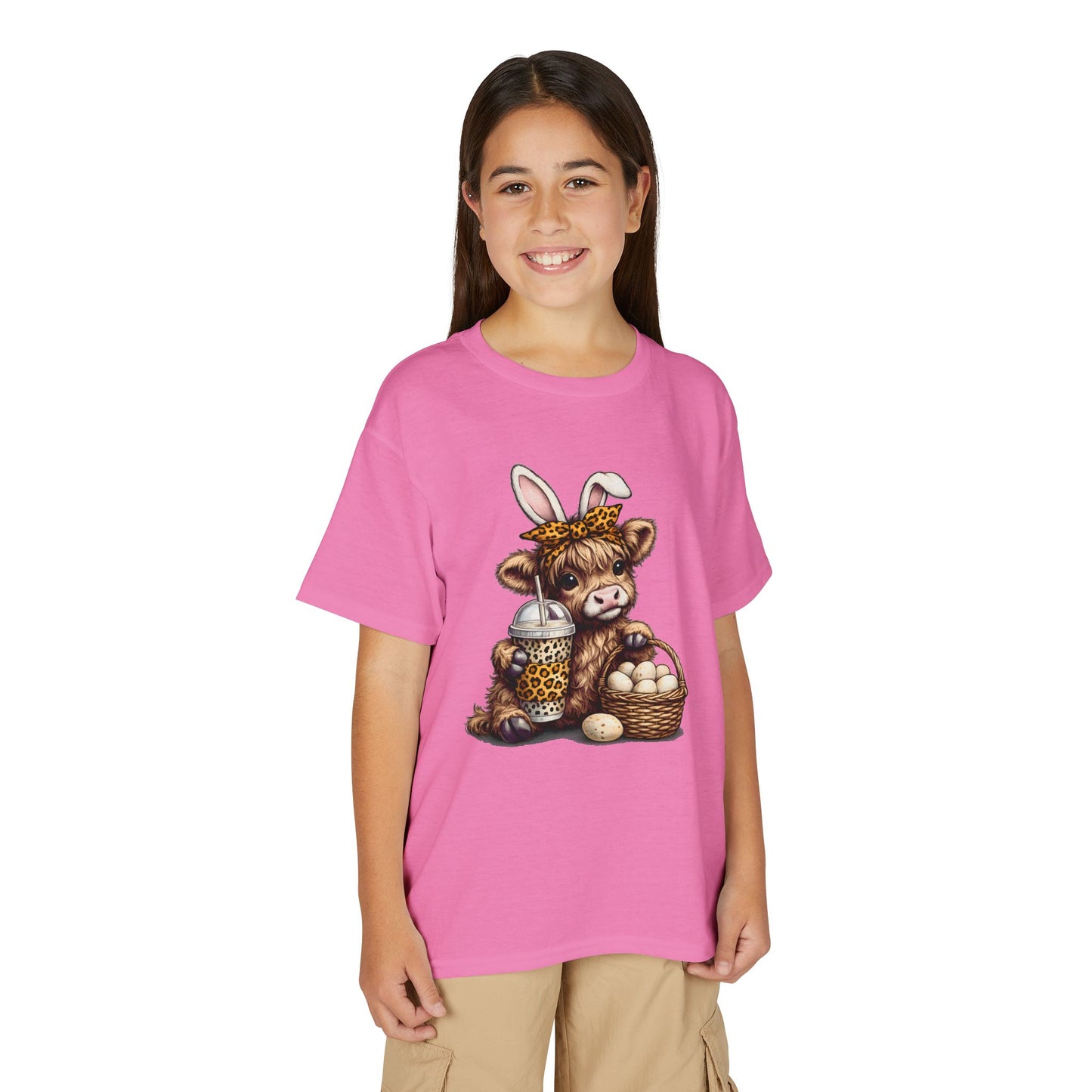 Kids Easter Cow Tee — Cute Highland Cow with Bunny Ears, Basket of Eggs & Bubble Tea Graphic