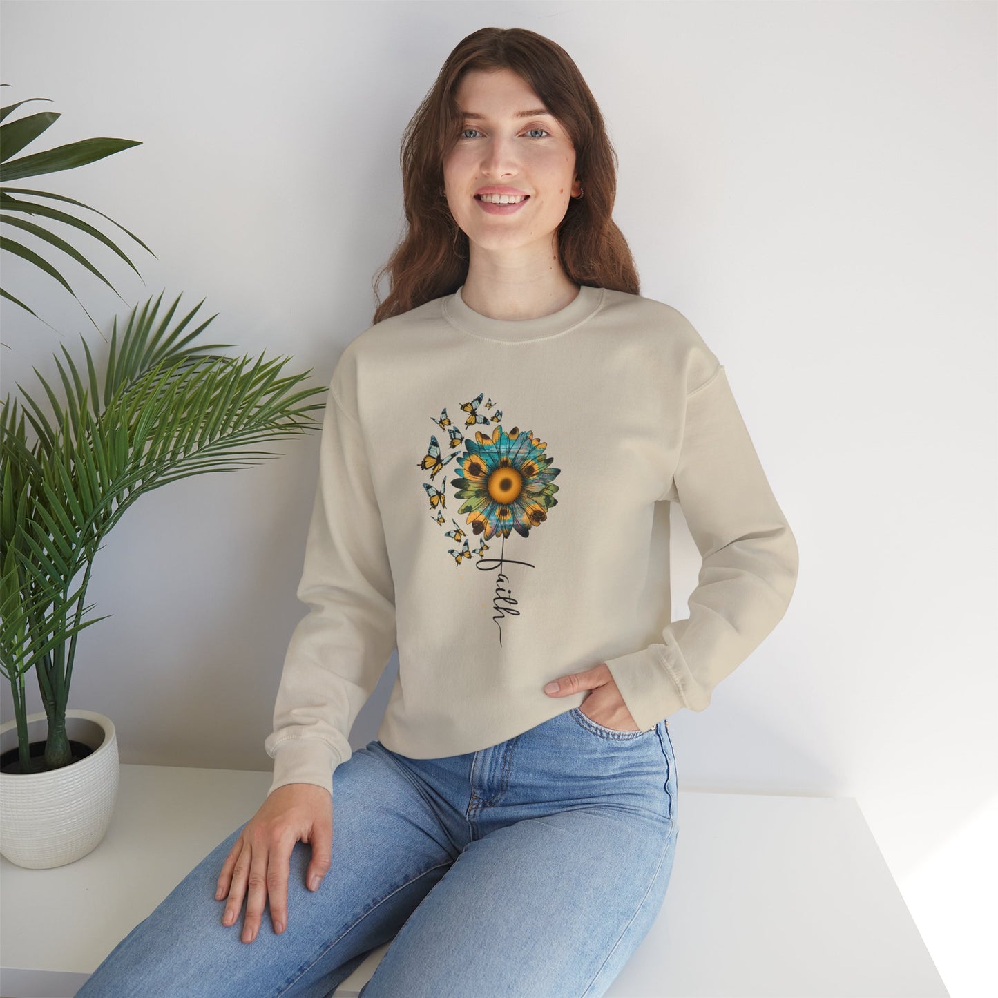 Sunflower & Butterflies Crewneck Sweatshirt – Faith Script Floral Design