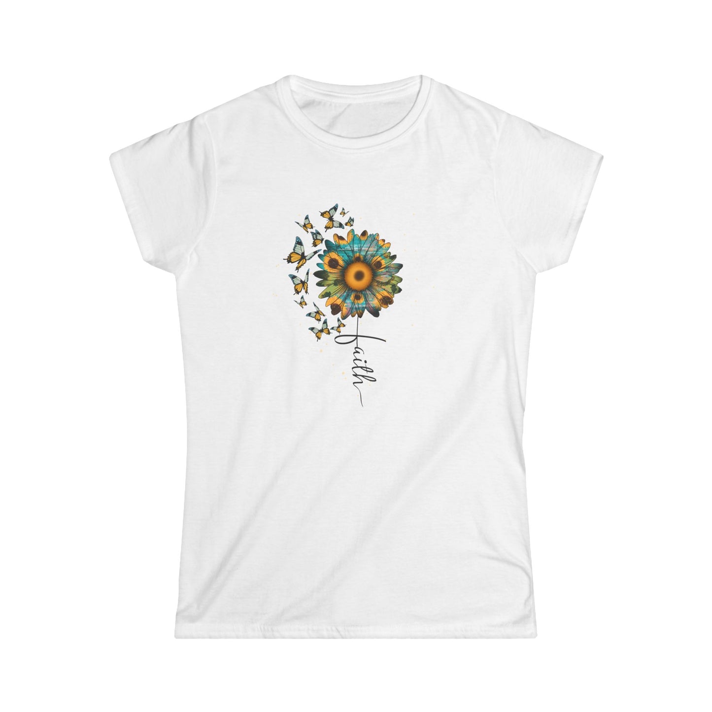 Sunflower & Butterflies Women's Tee — 'Faith' Floral Graphic