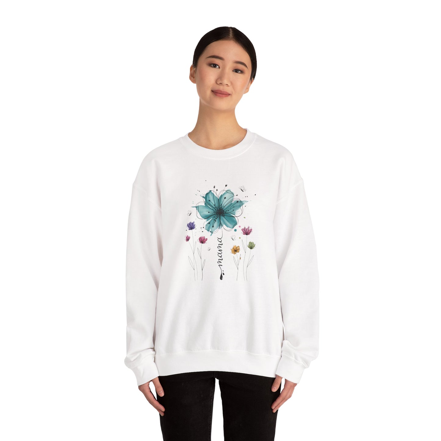 Floral 'Mama' Crewneck Sweatshirt — Watercolor Blue Flower Mother's Day Gift