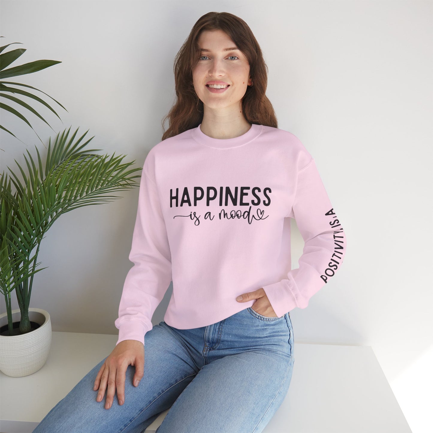 Happiness Is a Mood Crewneck Sweatshirt — Positive Vibes Sleeve