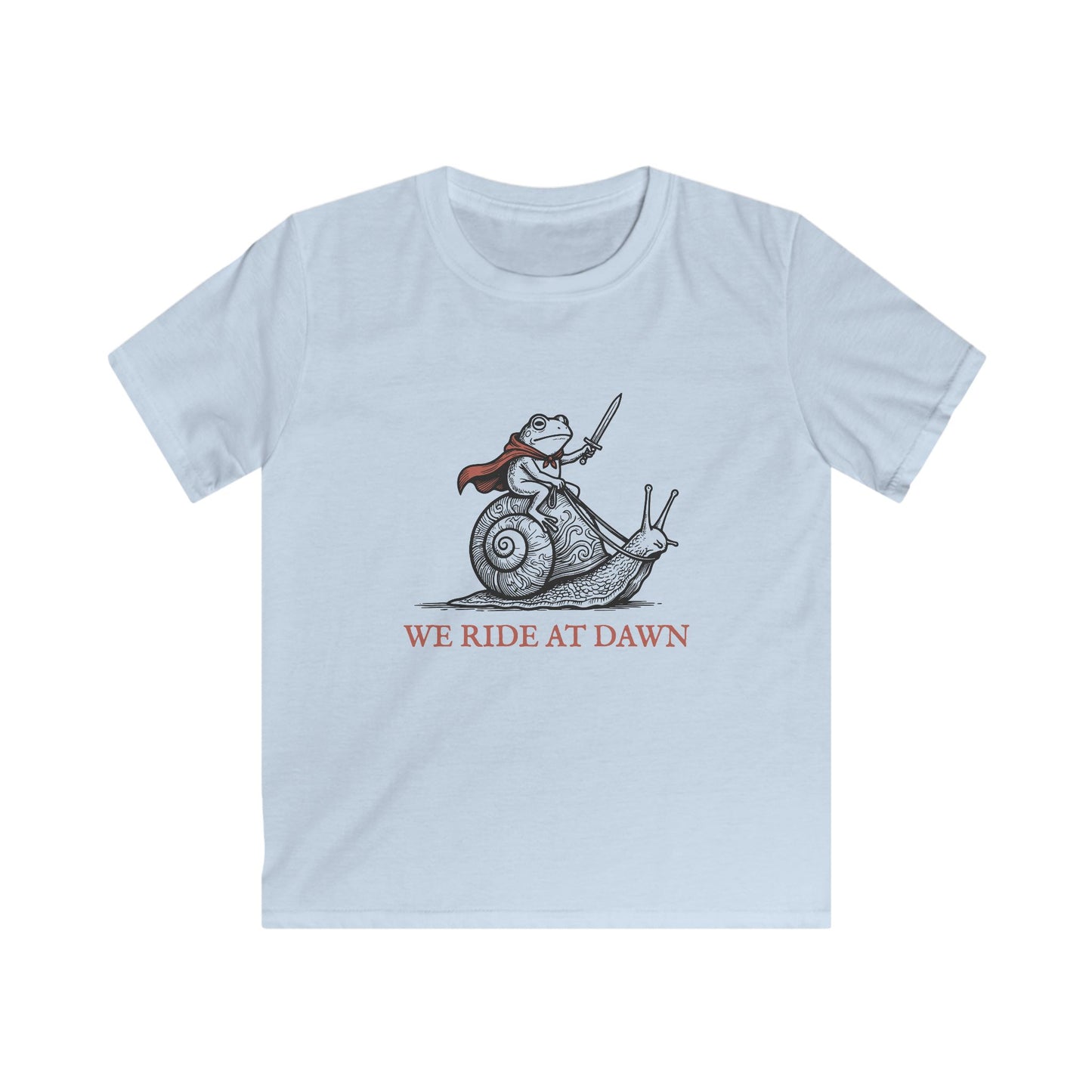 Kids Tee — 'We Ride at Dawn' Frog Knight Snail Adventure Shirt