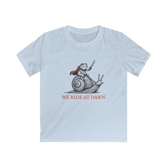Kids Tee — 'We Ride at Dawn' Frog Knight Snail Adventure Shirt