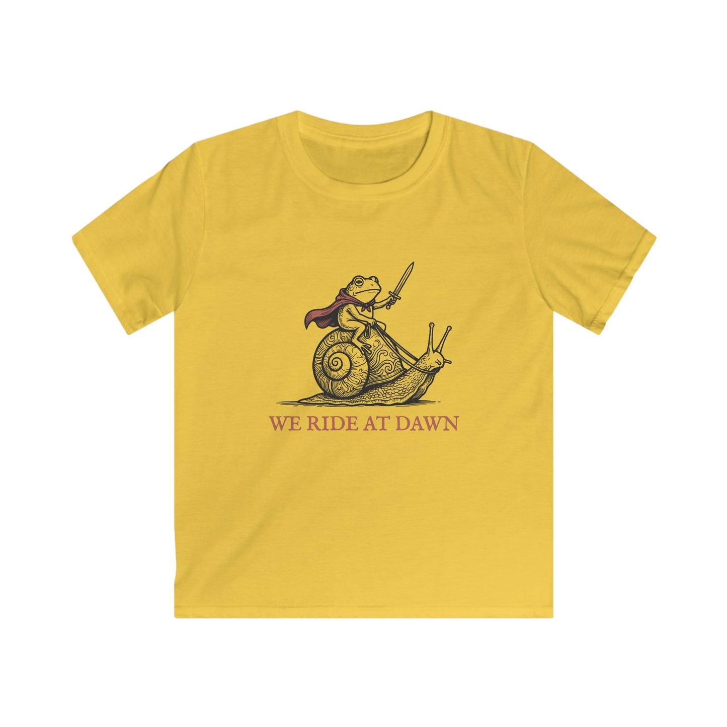Kids Tee — 'We Ride at Dawn' Frog Knight Snail Adventure Shirt