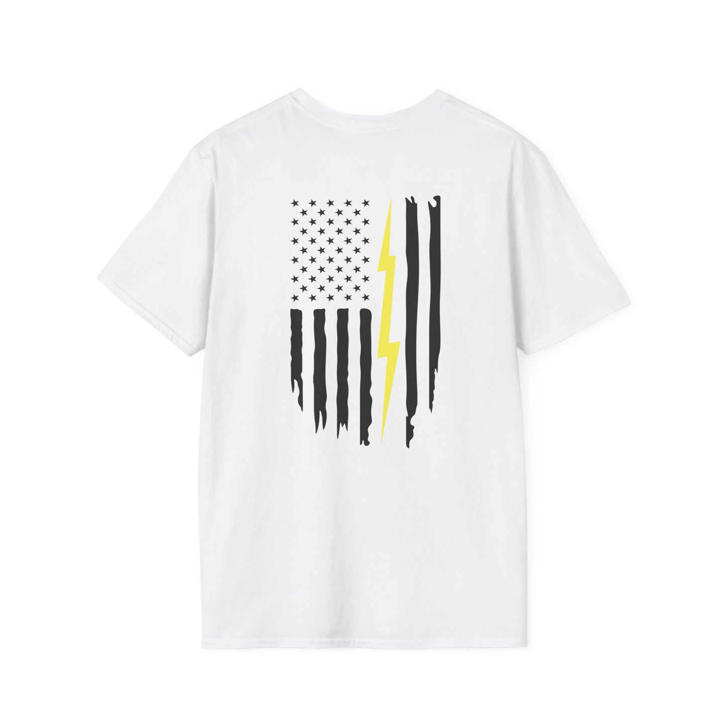 T-Shirt — Distressed American Flag with Yellow Lightning Graphic