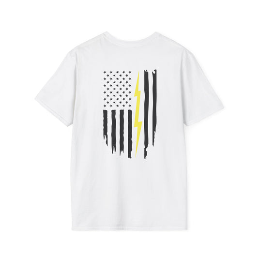 T-Shirt — Distressed American Flag with Yellow Lightning Graphic