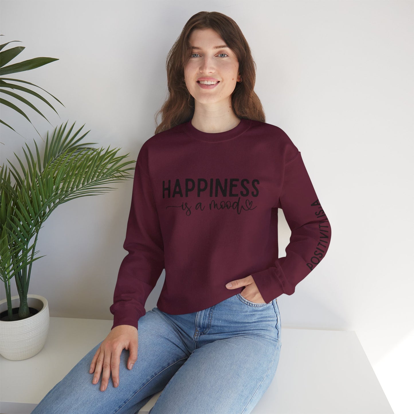 Happiness Is a Mood Crewneck Sweatshirt — Positive Vibes Sleeve