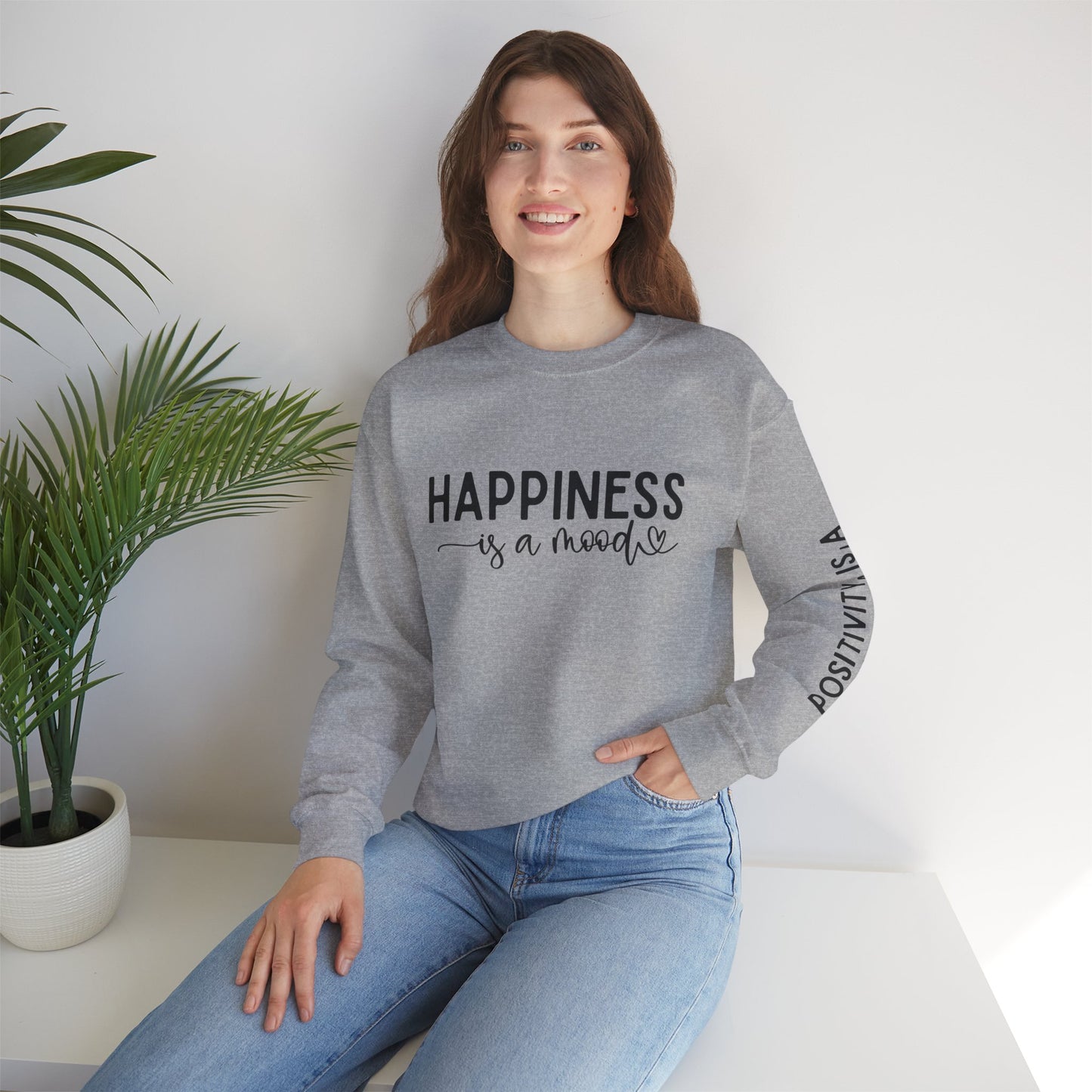 Happiness Is a Mood Crewneck Sweatshirt — Positive Vibes Sleeve